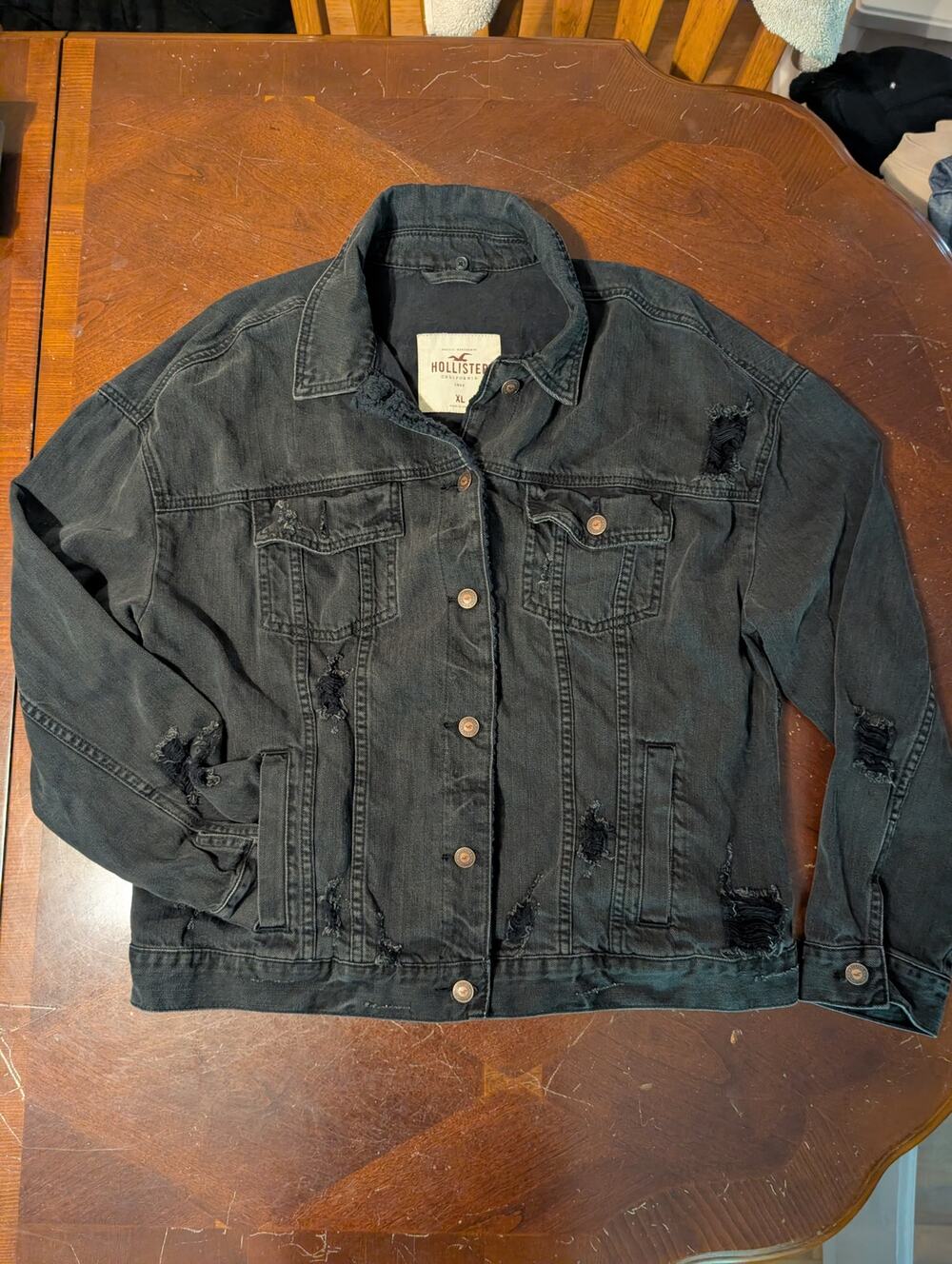 Y2k Hollister Black Distressed Denim Jean Jacket Mens XL Frayed Metal Oversized